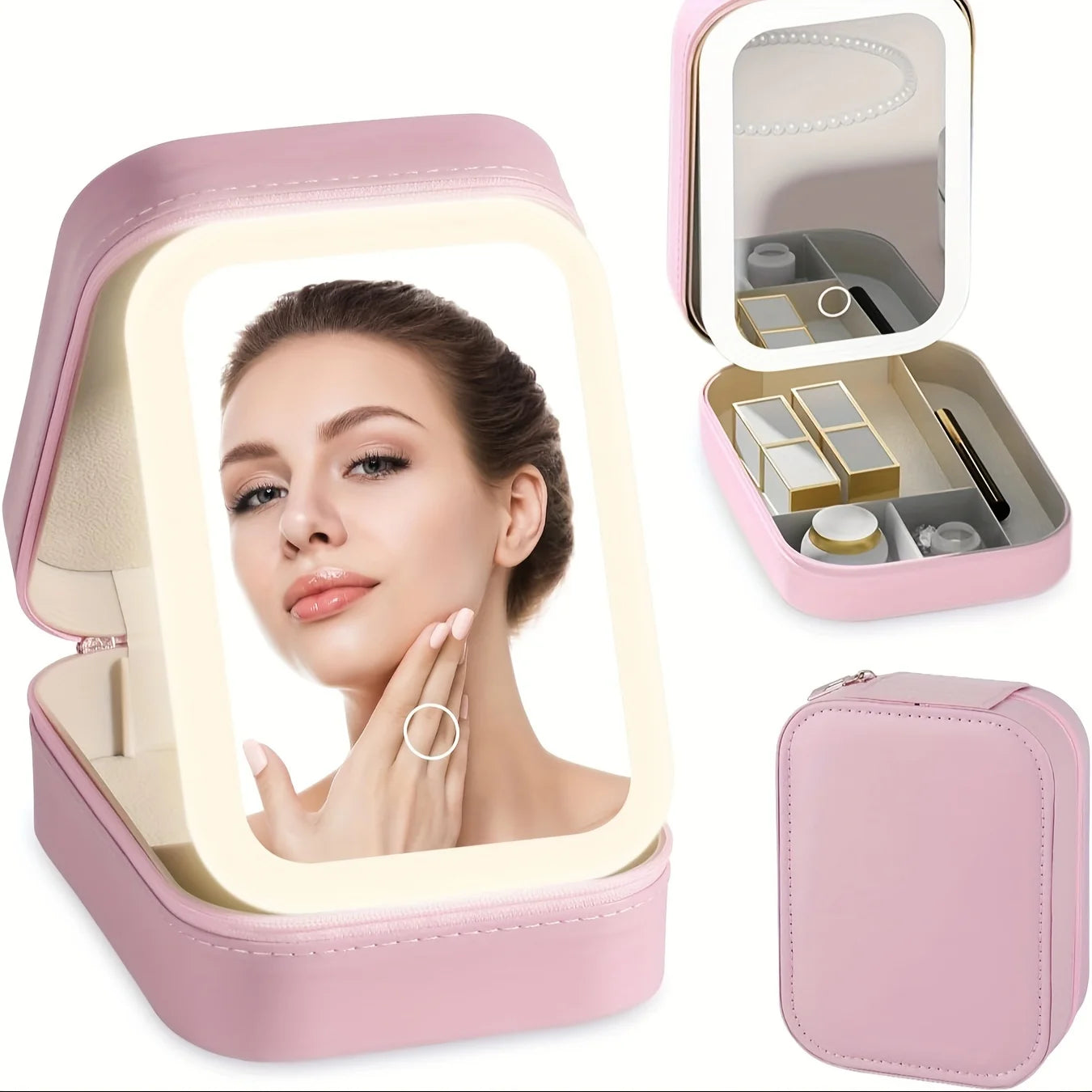 Makeup Bag With Mirror LED Travel Makeup Case Make Up Bag Light Up Mirror Adjustable 3 Color Rechargeable, Jewelry Box Organizer