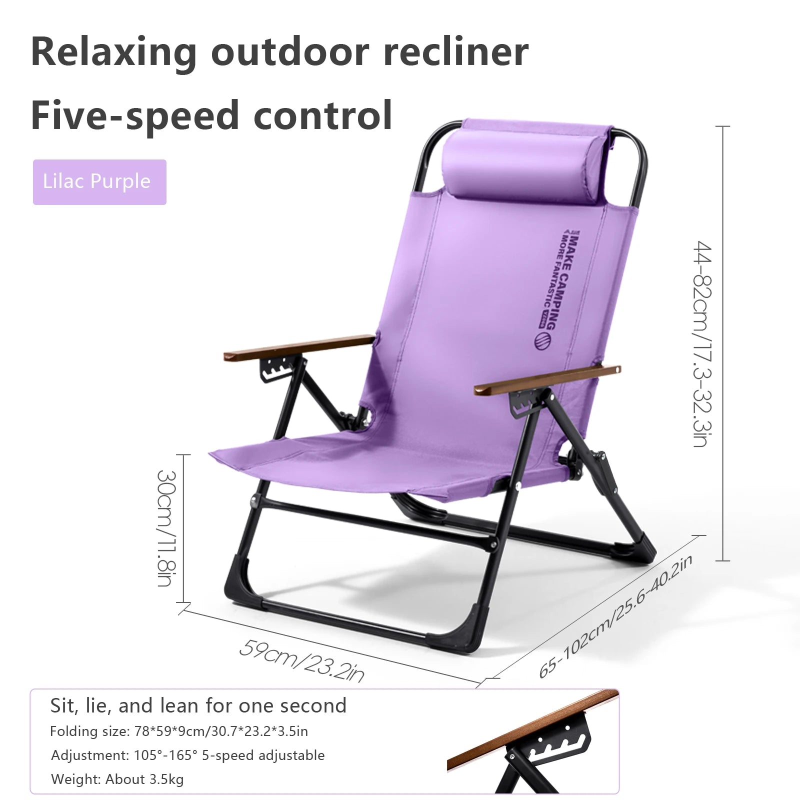 BSWOLF Camping Folding Chair Adjustable Armrest Portable Relaxing Chair With Detachable Pillow for Beach Travel Hiking