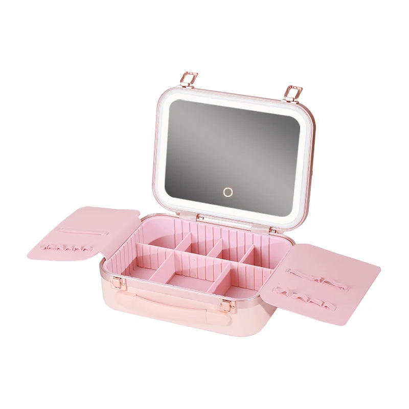 Portable Makeup Organizer Box with LED Light & Mirror – Travel-Friendly Cosmetic Train Case for Brushes box