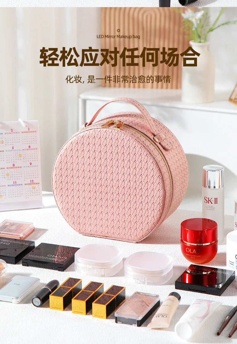 Waterproof Round Vanity Case with LED Light Mirror - Large Capacity, Portable Cosmetic Organizer Bag for Business Trips & Travel