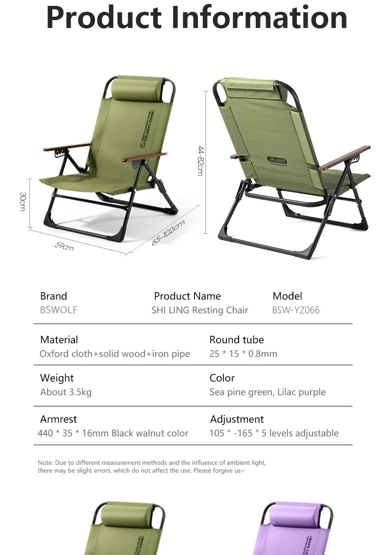 BSWOLF Camping Folding Chair Adjustable Armrest Portable Relaxing Chair With Detachable Pillow for Beach Travel Hiking