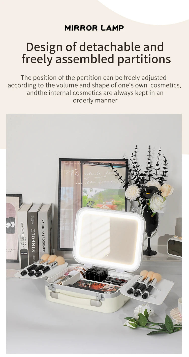 Portable Makeup Organizer Box with LED Light & Mirror – Travel-Friendly Cosmetic Train Case for Brushes box