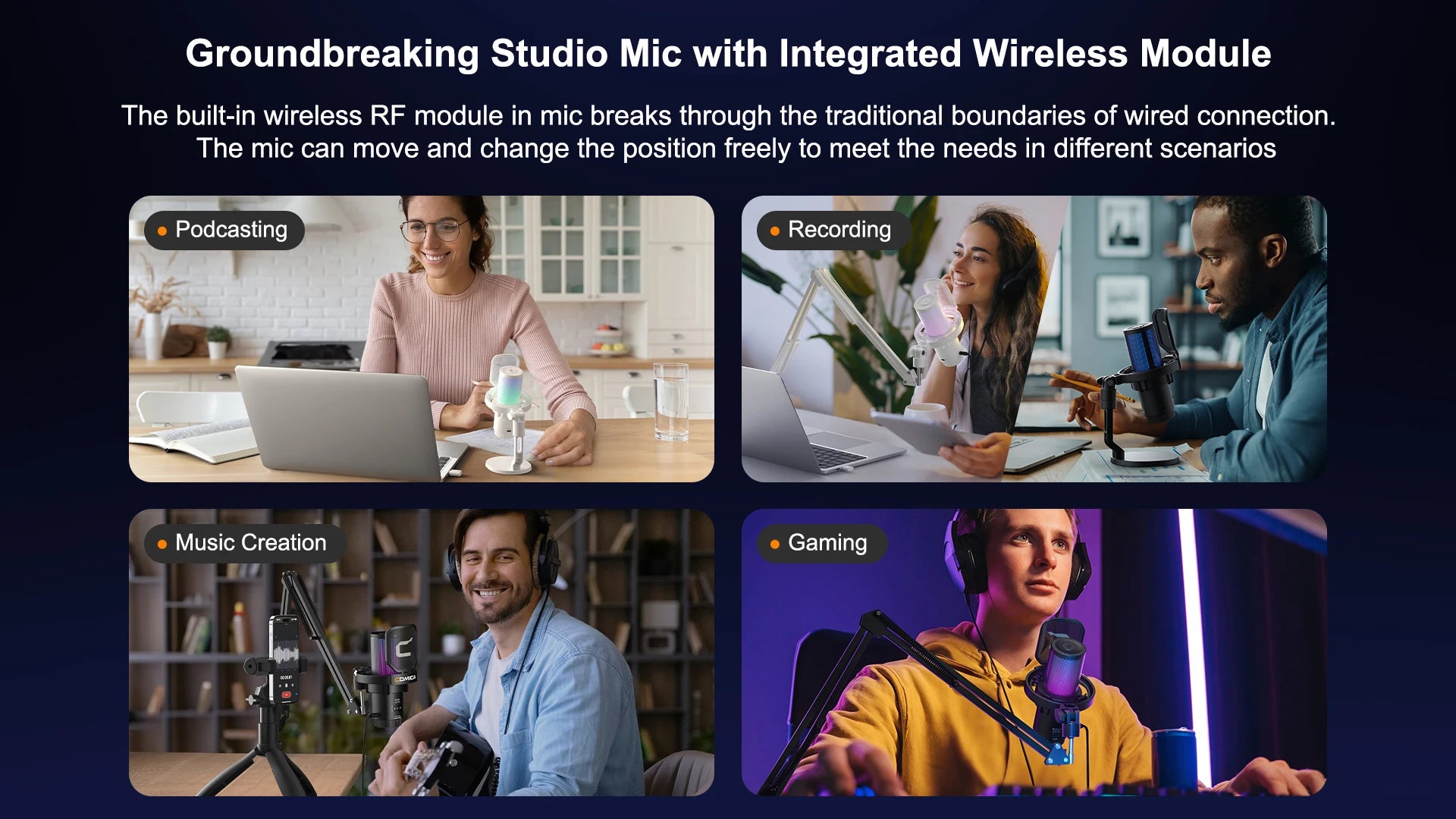 COMICA Uni Pro Wireless USB Gaming Microphone for PC Laptop Smartphone Noise Cancellation Condenser Mic with RGB Lights