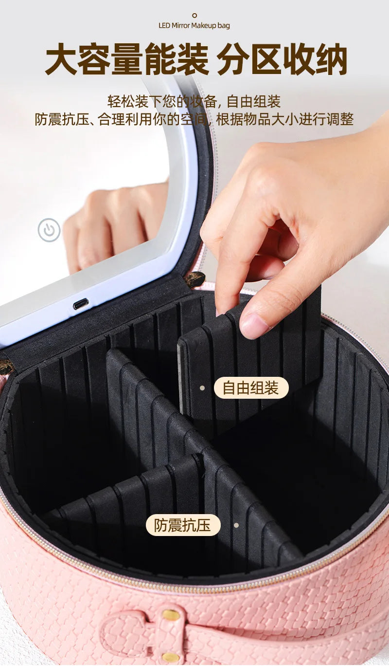 Waterproof Round Vanity Case with LED Light Mirror - Large Capacity, Portable Cosmetic Organizer Bag for Business Trips & Travel