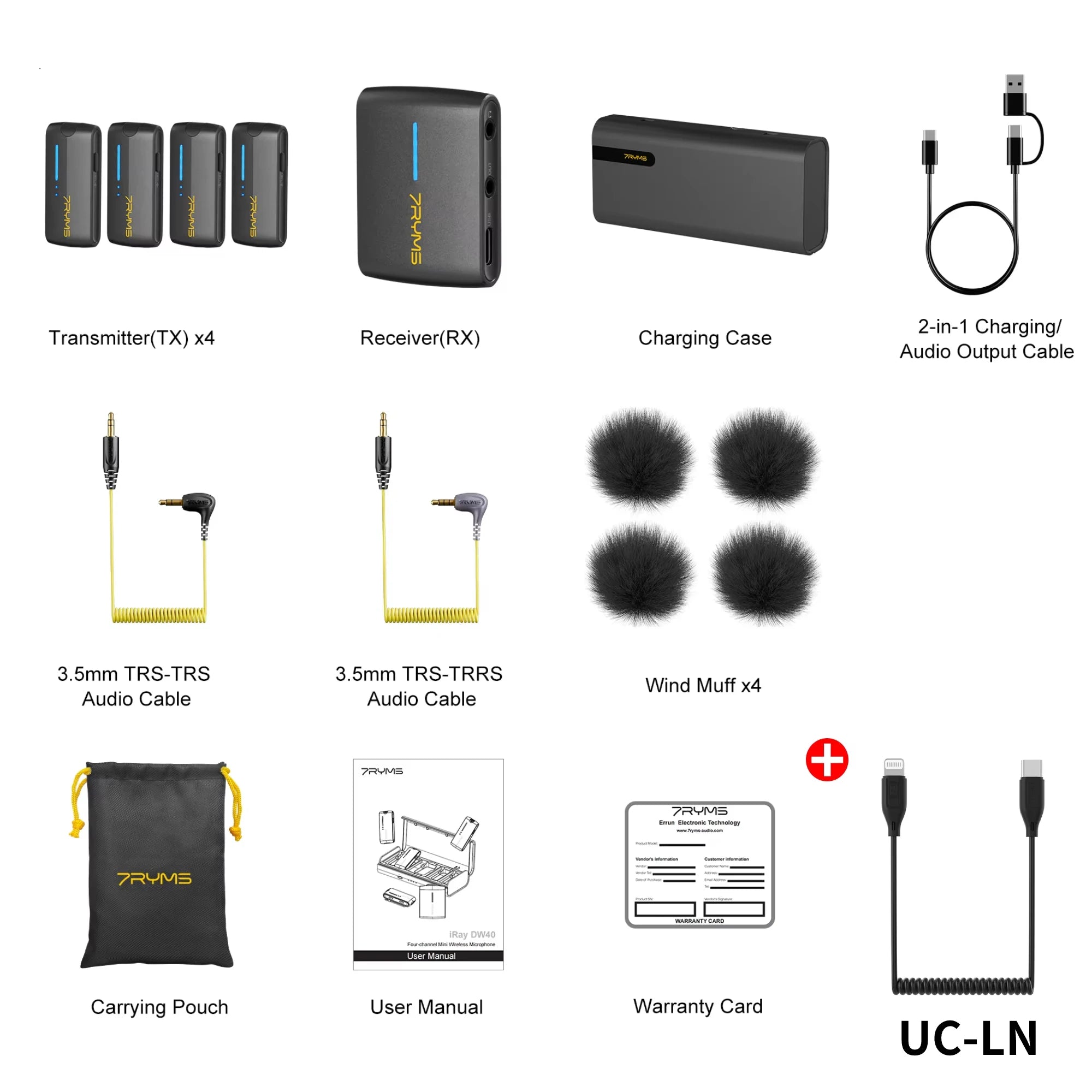 7Ryms iRay DW40 Wireless Lavalier Microphone with 4 Transmitters,48kHz/24bit Recording,AI Denoise for Camera,SmartPhone and PC