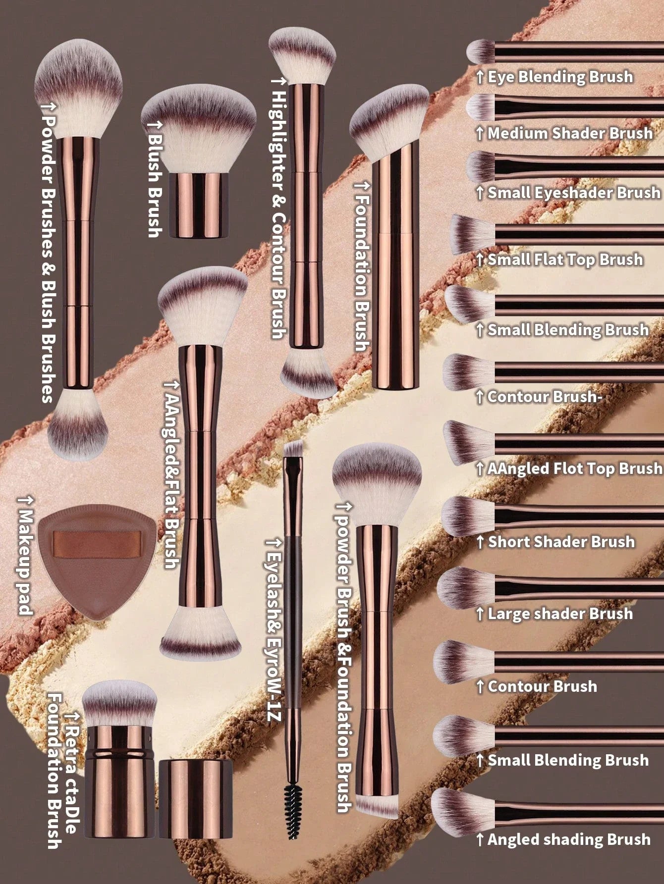 22pcs Professional Makeup Tools Set With Velvet Bag,20pcs Soft Long Aluminum Tube Makeup Brush Set+2pcs Powder Puffs Accessories