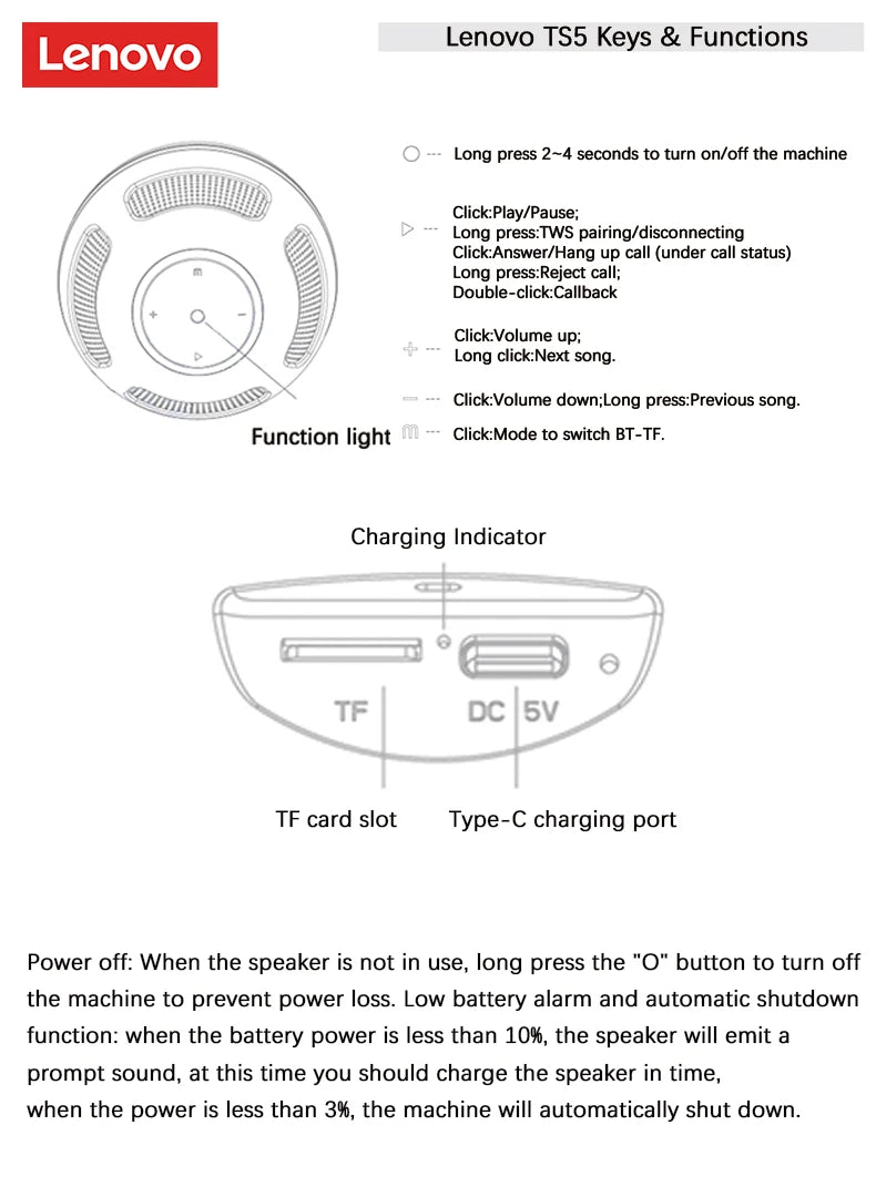 Choice Original Lenovo TS5 Bluetooth V5.3 Speaker Outdoor Long Endurance Loudspeaker Subwoofer Portable Surround Sound Player