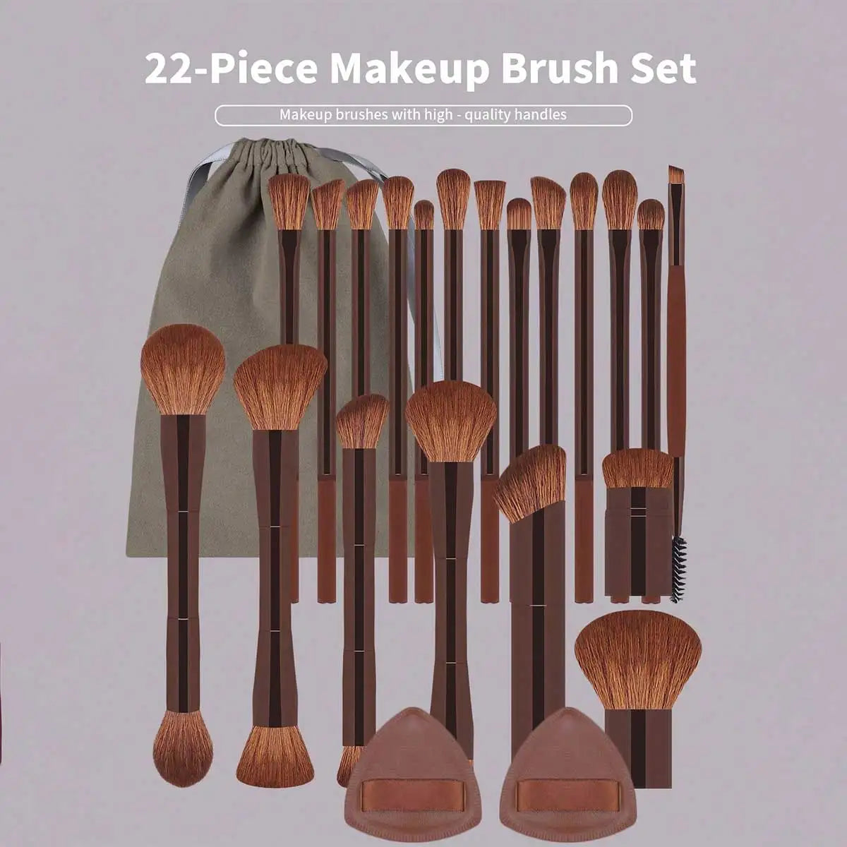 22pcs Professional Makeup Tools Set With Velvet Bag,20pcs Soft Long Aluminum Tube Makeup Brush Set+2pcs Powder Puffs Accessories