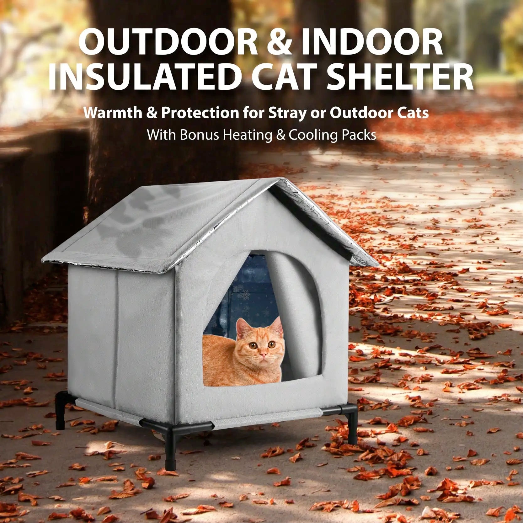 All-Season Waterproof Cat House with Ice Packs & Heating Bags, Foldable Shelter for Indoor & Outdoor Use, Available in 3 Sizes