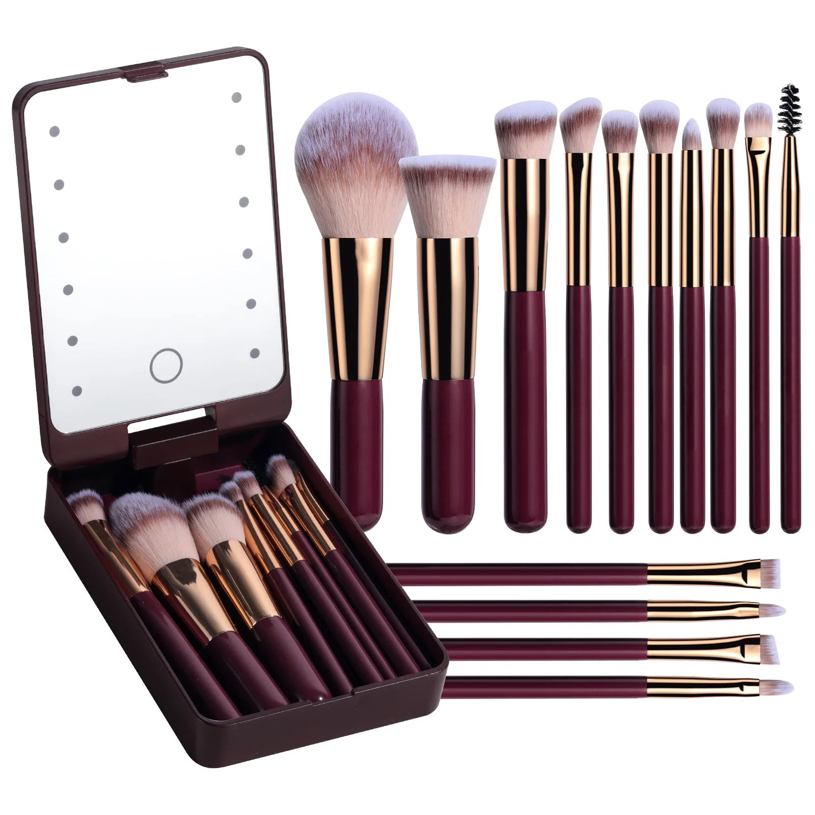 Travel Makeup Brush Set Small Portable With LED mirror and 14 pcs Makeup Brushes For Women Beauty Makeup Kit And Storage Box