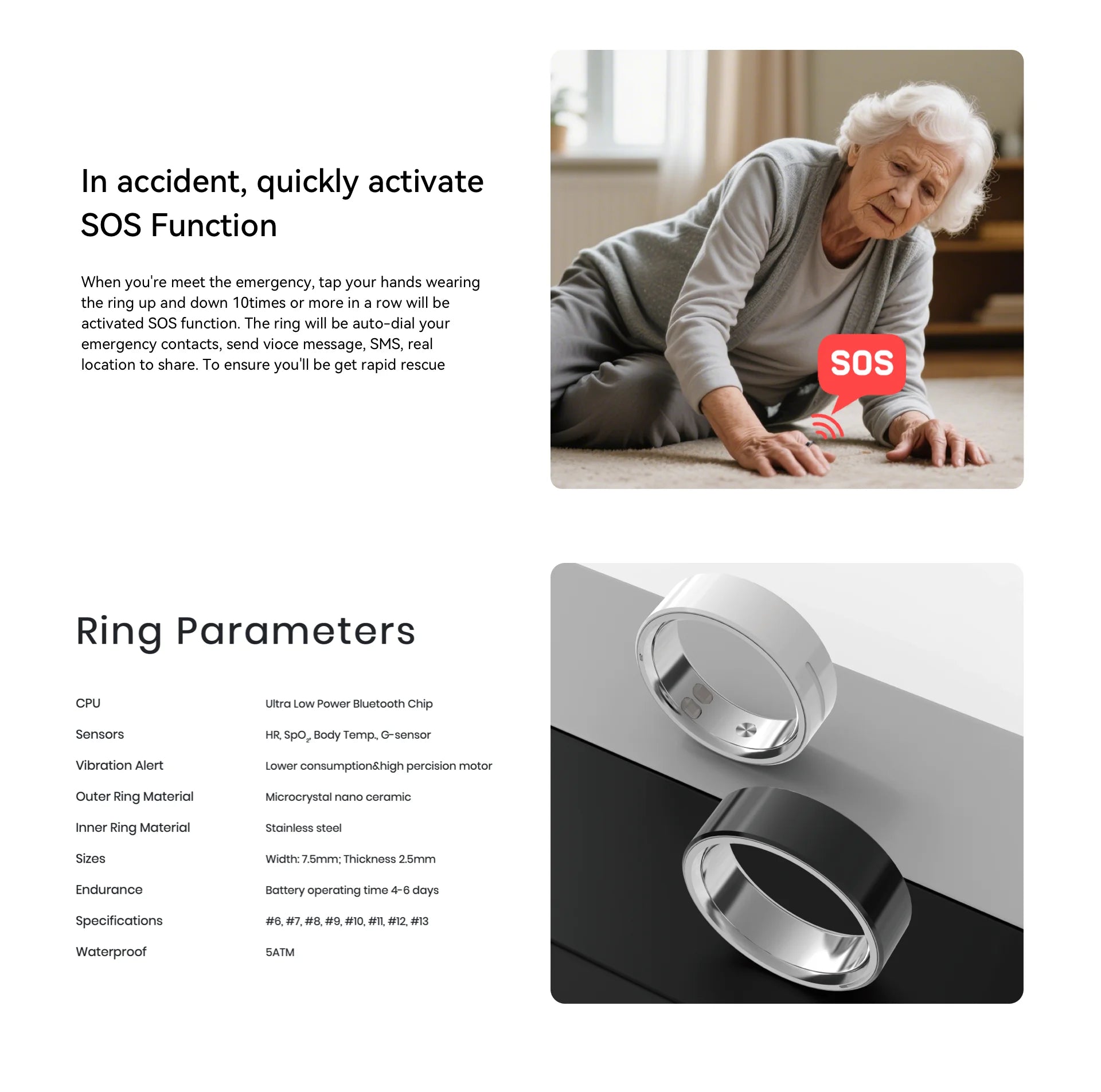 Ceramic Smart Ring with Vibrate Alerts Calls Alarm Notification Vibration, Health and Sleep Monitor 5ATM Waterproof Ring for Men