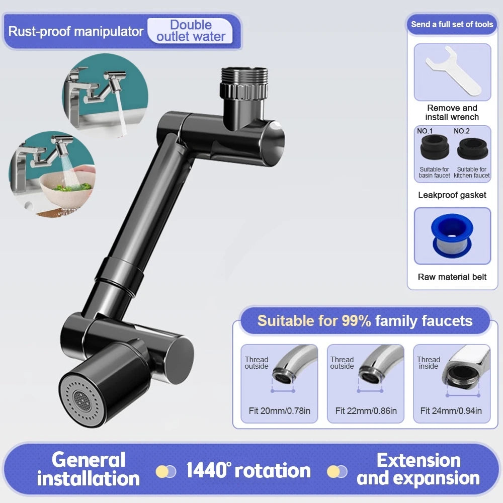 1440° Rotatable Scalable Metal Faucet Bathroom Tap Splash-proof Bubbler Kitchen Faucet Filter Nozzle Tap Saving Water Extender