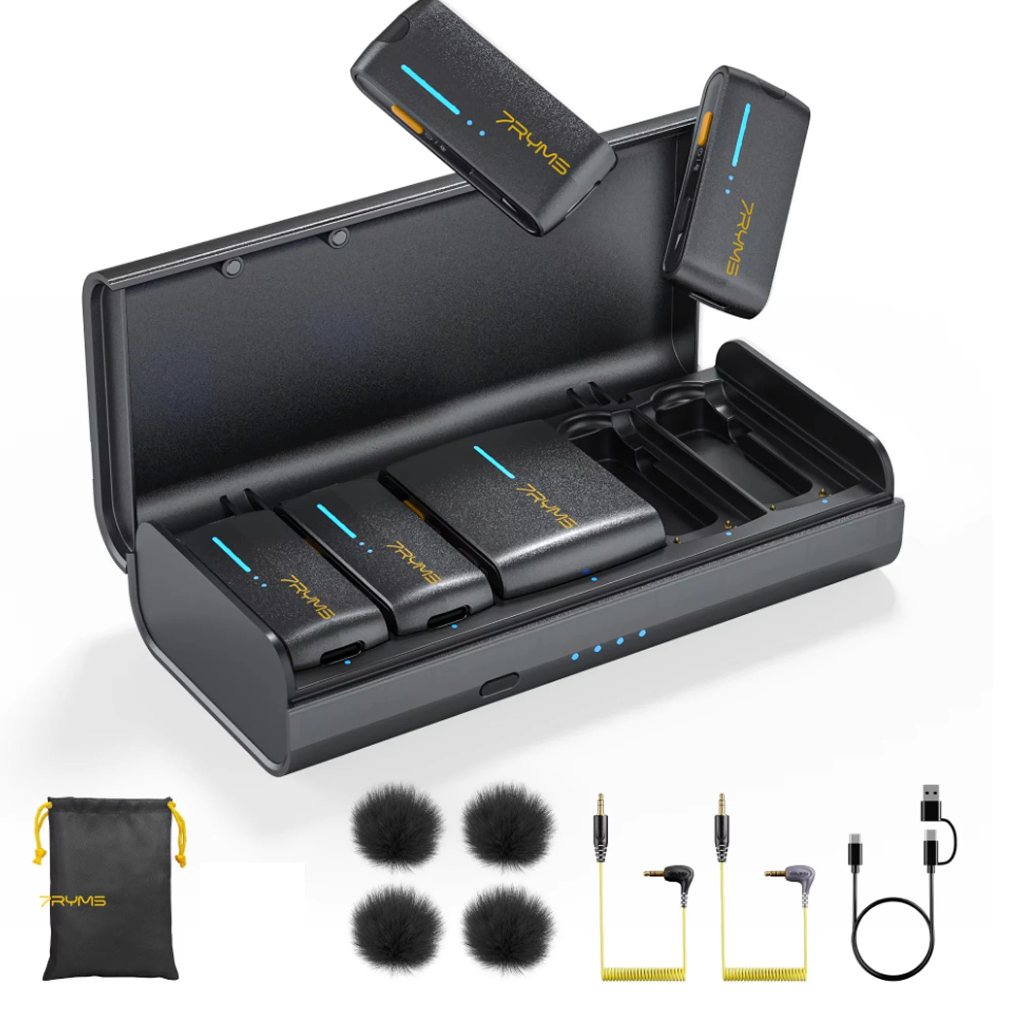 7Ryms iRay DW40 Wireless Lavalier Microphone with 4 Transmitters,48kHz/24bit Recording,AI Denoise for Camera,SmartPhone and PC