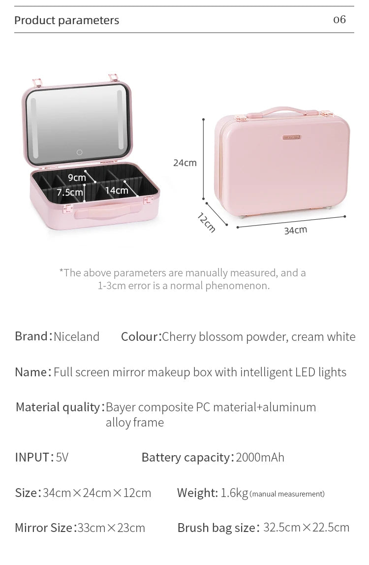 Lighted Makeup Case with Mirror - Portable Travel Makeup Organizer with LED Mirror, 3 Light Settings, Rechargeable Makeup Bag w