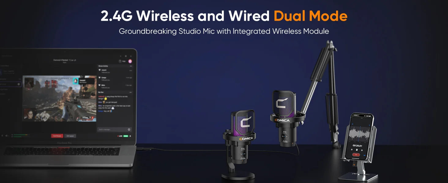COMICA Uni Pro Wireless USB Gaming Microphone for PC Laptop Smartphone Noise Cancellation Condenser Mic with RGB Lights