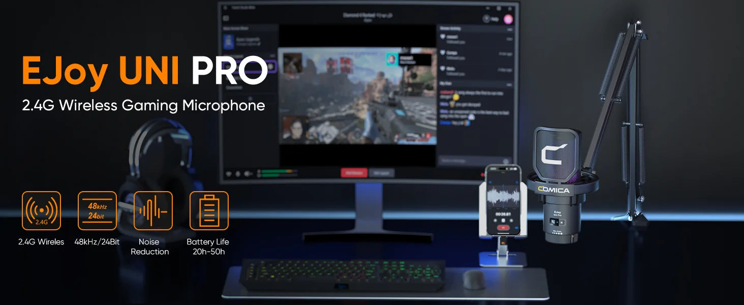 COMICA Uni Pro Wireless USB Gaming Microphone for PC Laptop Smartphone Noise Cancellation Condenser Mic with RGB Lights