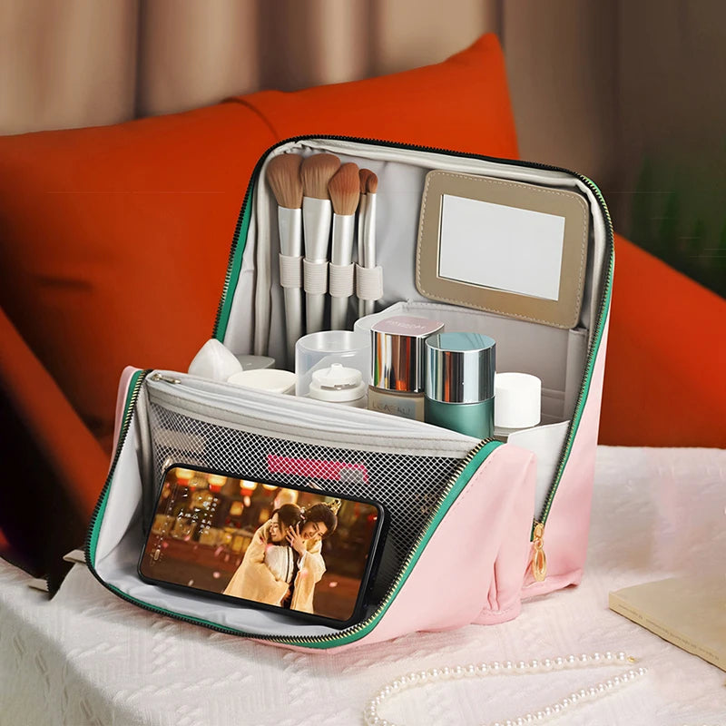 Large-capacity cosmetic bag, convenient and can be hung on a suitcase, travel makeup essential, vertical pencil case storage bag