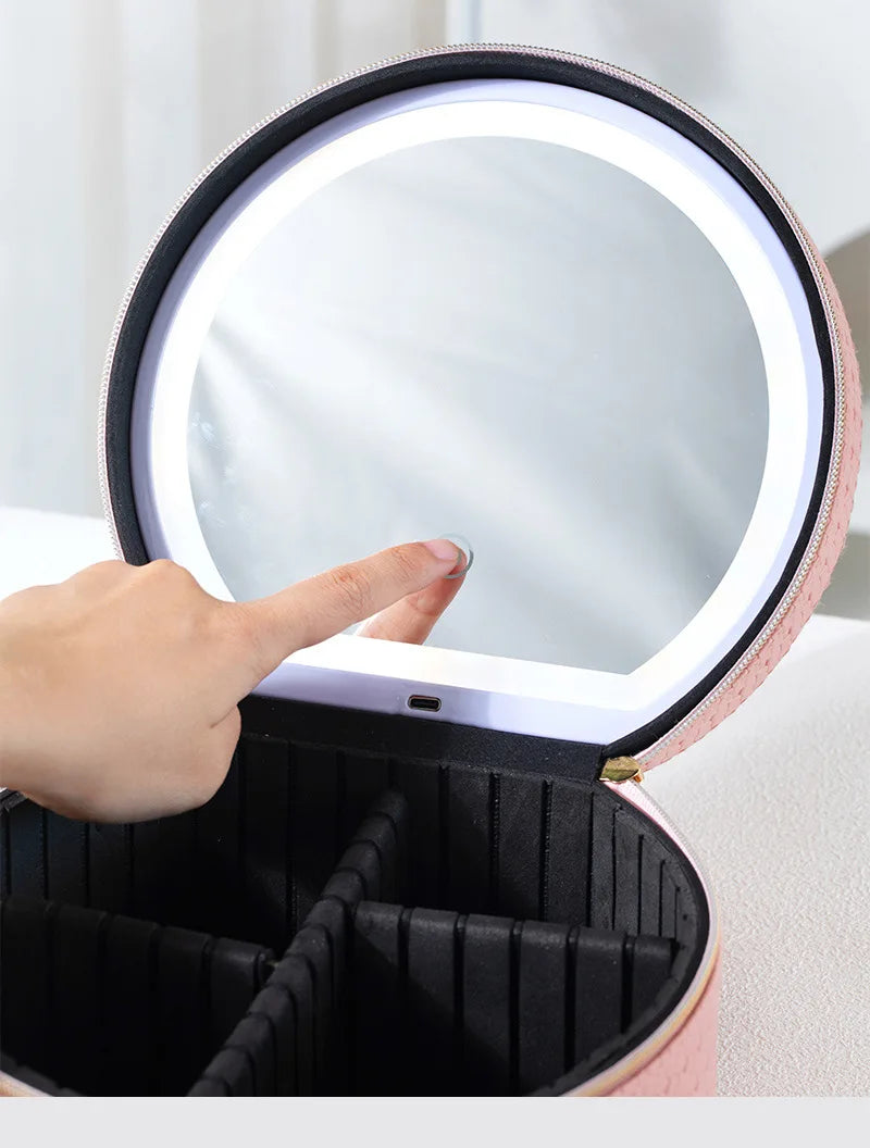 Waterproof Round Vanity Case with LED Light Mirror - Large Capacity, Portable Cosmetic Organizer Bag for Business Trips & Travel