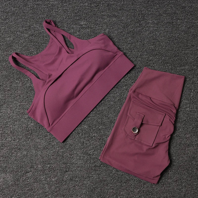 Fitness Shorts Yoga Sets Women's Tracksuit High Waist Sportswear Bra Workout Leggings Cycling Gym Shorts Sports Suit With Pocket