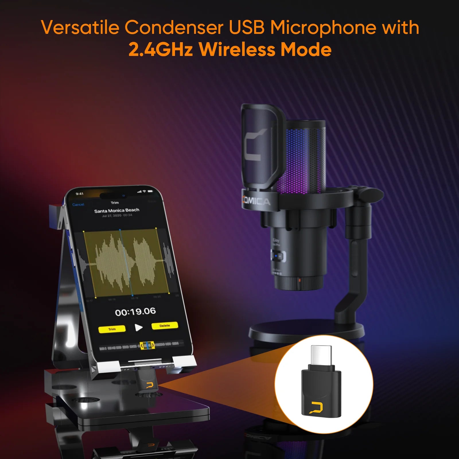 COMICA Uni Pro Wireless USB Gaming Microphone for PC Laptop Smartphone Noise Cancellation Condenser Mic with RGB Lights