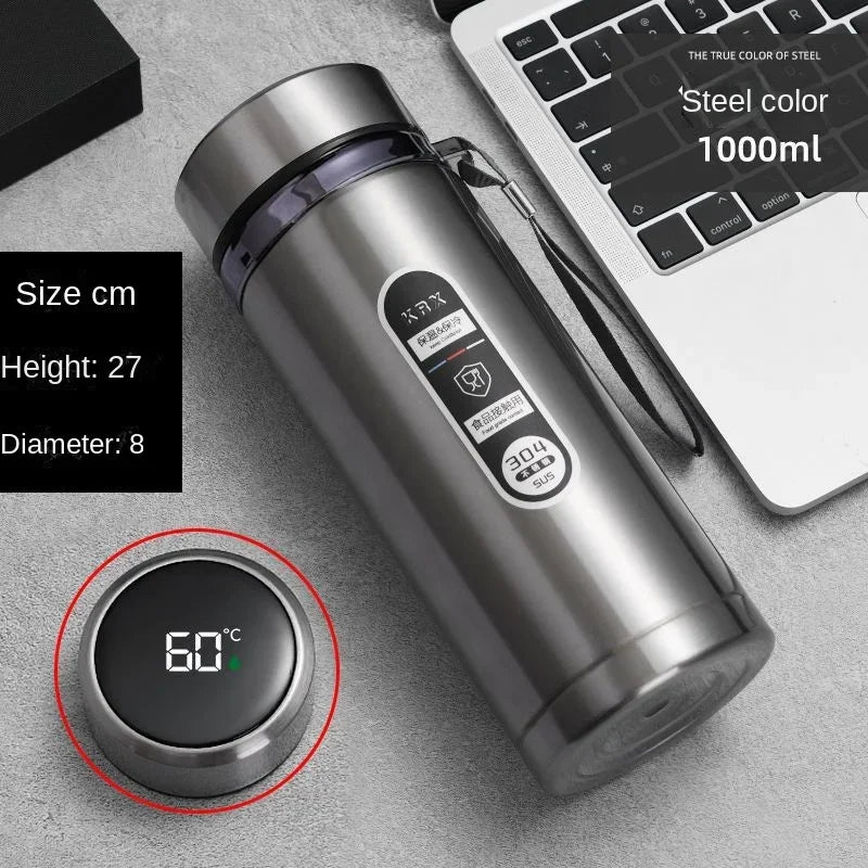 800ML-1L Stainless Steel Thermos Bottle 304 Tea Bottle Car Vacuum Bottle with LED Temperature Display Portable Drinking Cup