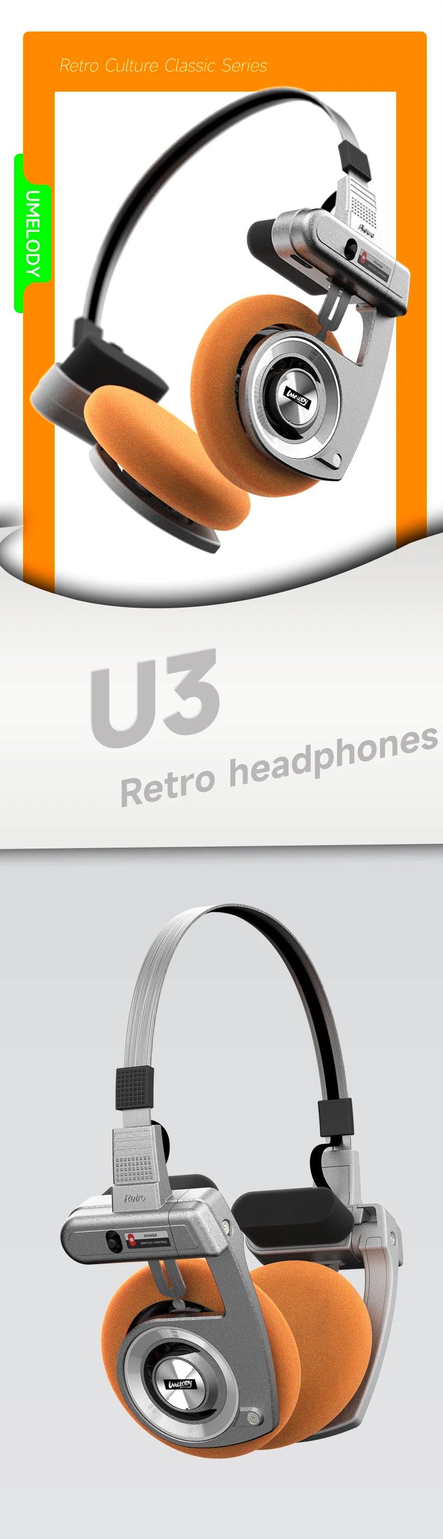 UMELODY U3 RETRO Headphones Wireless Bluetooth Headphones ON-Ear Headphones HIFI Wireless Foldable Noise Canceling Headphone