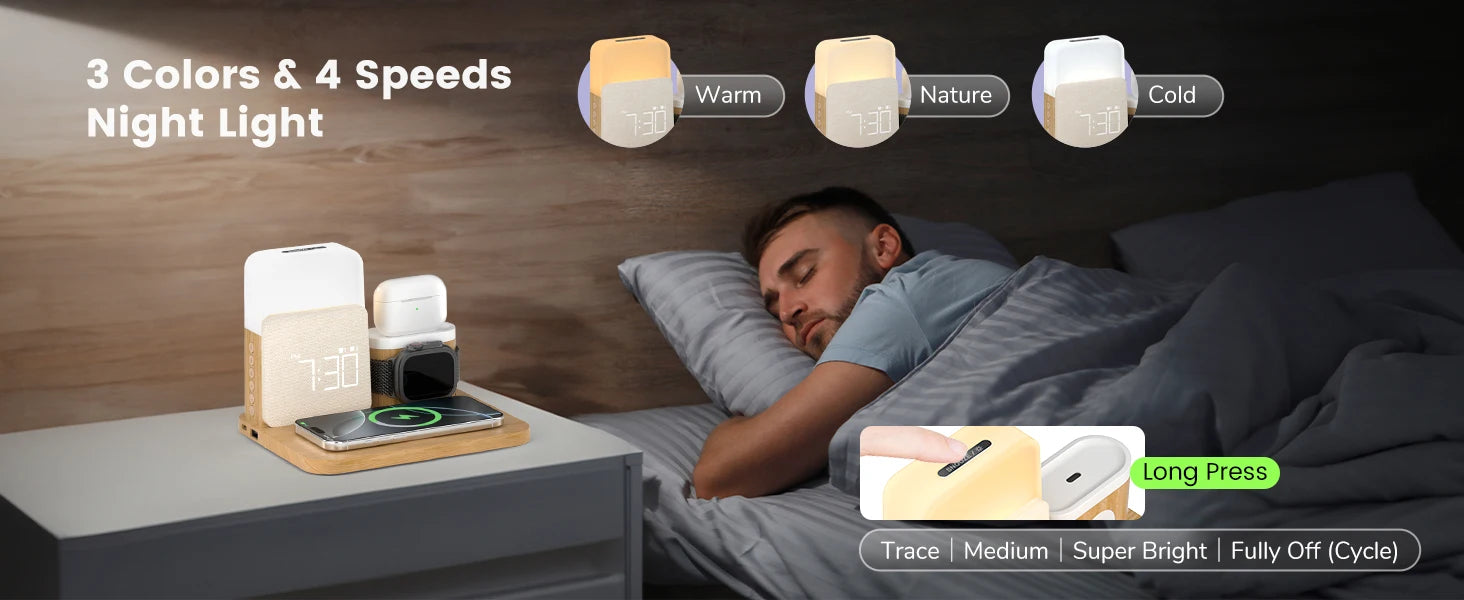 7-in-1 MagSafe Alarm Clock Charger-Wireless Station for iPhone 12-16/Samsung/Xiaomi/Huawei/Apple Watch/AirPods with Night Light