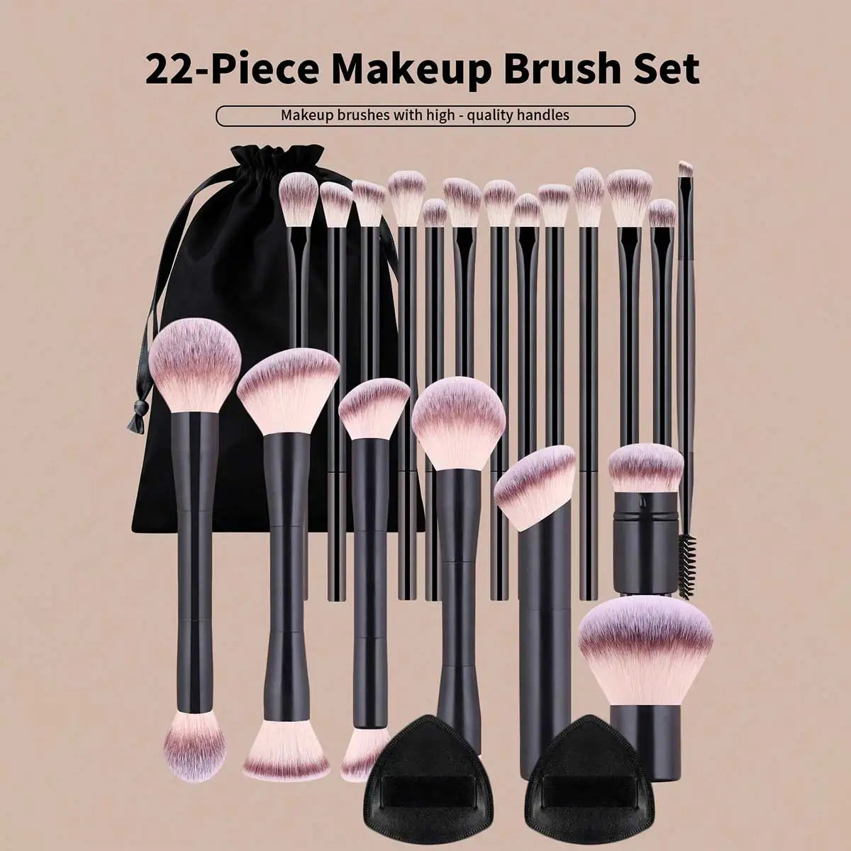 22pcs Professional Makeup Tools Set With Velvet Bag,20pcs Soft Long Aluminum Tube Makeup Brush Set+2pcs Powder Puffs Accessories