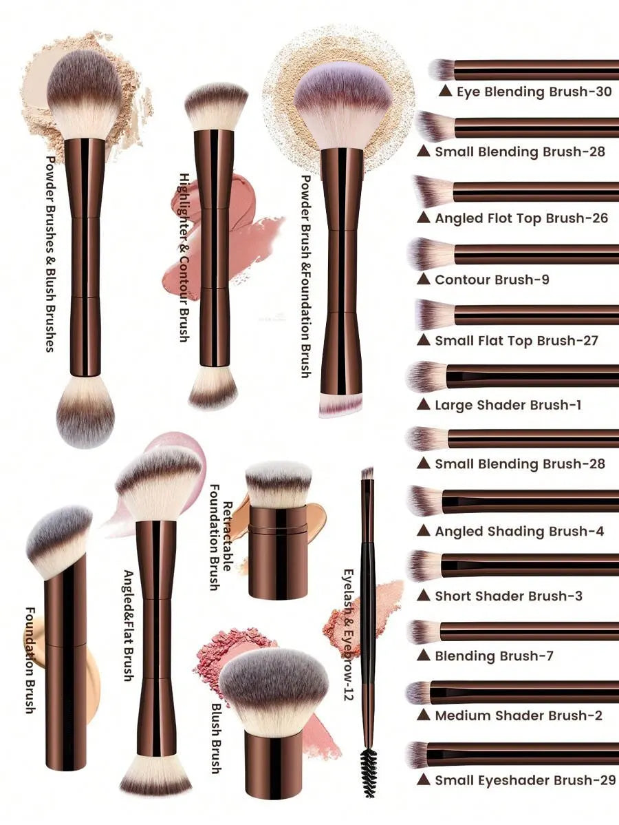 22pcs Professional Makeup Tools Set With Velvet Bag,20pcs Soft Long Aluminum Tube Makeup Brush Set+2pcs Powder Puffs Accessories