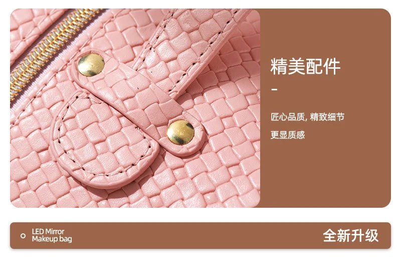 Waterproof Round Vanity Case with LED Light Mirror - Large Capacity, Portable Cosmetic Organizer Bag for Business Trips & Travel