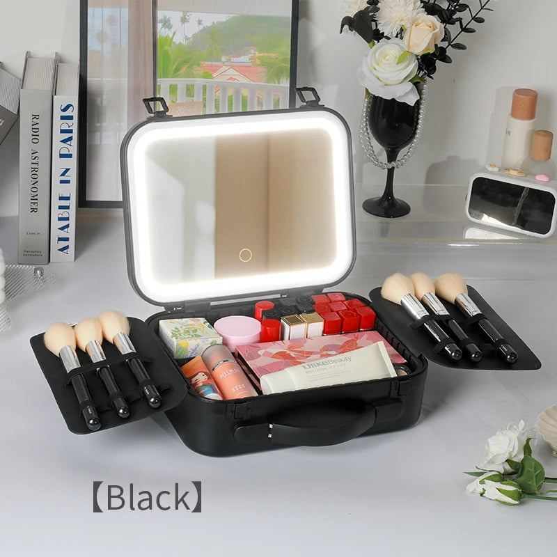 Portable Makeup Organizer Box with LED Light & Mirror – Travel-Friendly Cosmetic Train Case for Brushes box