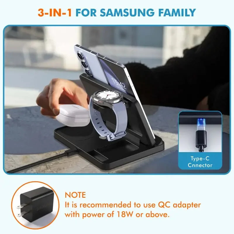 3 in 1 Wireless Charger Stand For Samsung Z Fold Zflip5 S24 S23 Ultra Galaxy Watch 6 5 Buds2 Foldable Fast Charging Dock Station