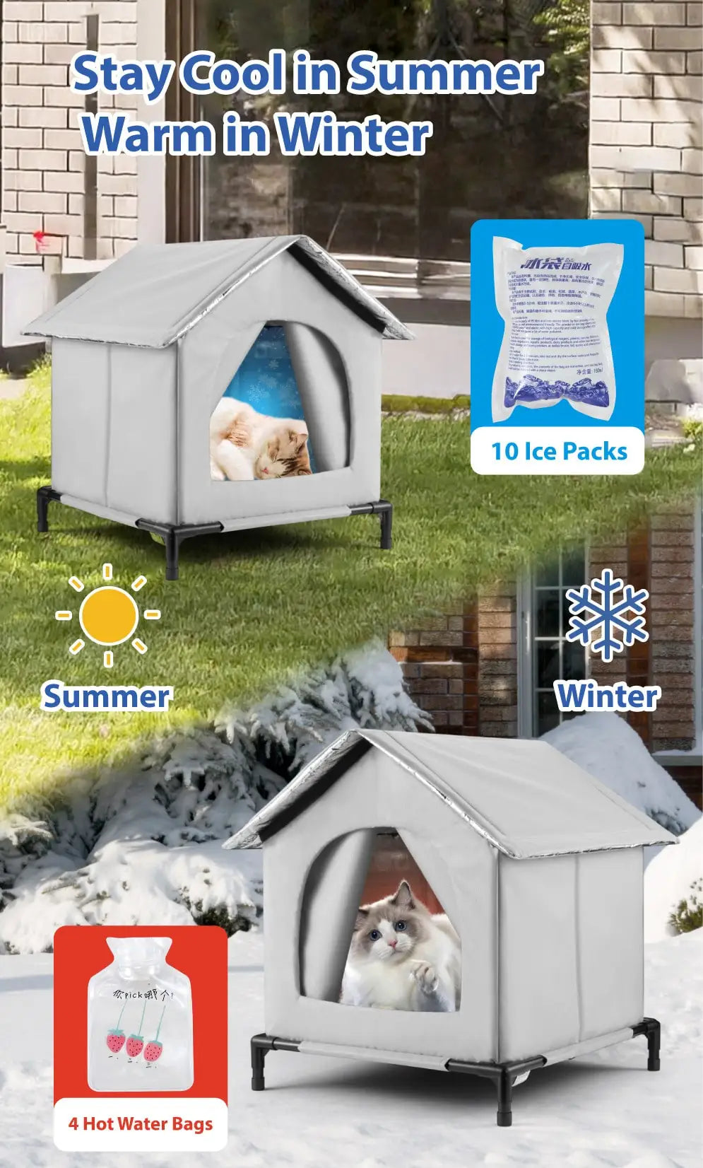 All-Season Waterproof Cat House with Ice Packs & Heating Bags, Foldable Shelter for Indoor & Outdoor Use, Available in 3 Sizes