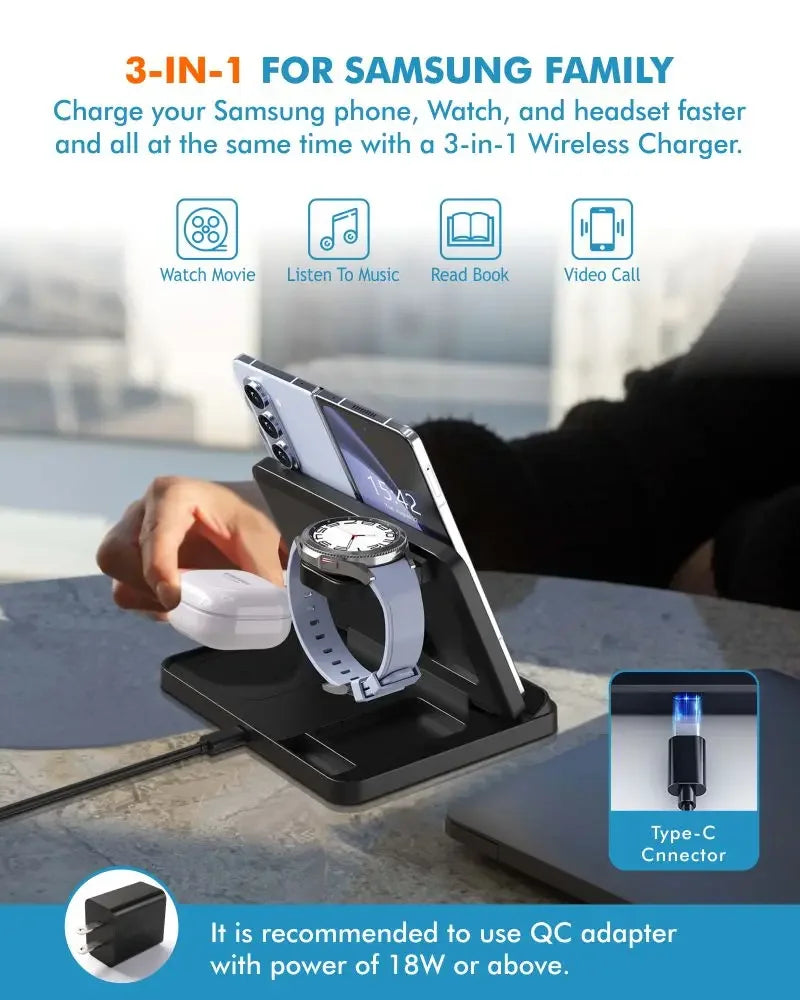 3 in 1 Wireless Charger Stand For Samsung Z Fold Zflip5 S24 S23 Ultra Galaxy Watch 6 5 Buds2 Foldable Fast Charging Dock Station