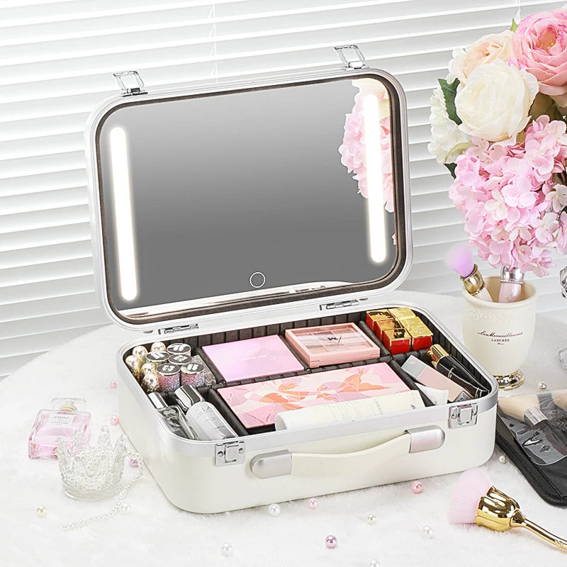 Lighted Makeup Case with Mirror - Portable Travel Makeup Organizer with LED Mirror, 3 Light Settings, Rechargeable Makeup Bag w