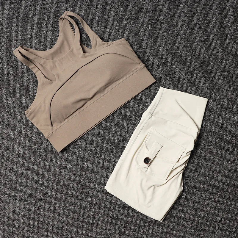 Fitness Shorts Yoga Sets Women's Tracksuit High Waist Sportswear Bra Workout Leggings Cycling Gym Shorts Sports Suit With Pocket