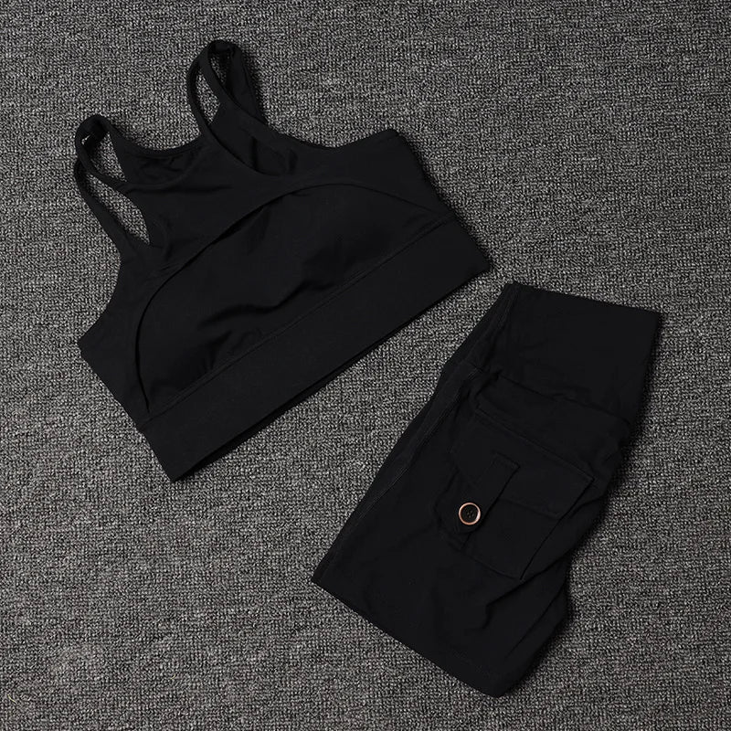 Fitness Shorts Yoga Sets Women's Tracksuit High Waist Sportswear Bra Workout Leggings Cycling Gym Shorts Sports Suit With Pocket