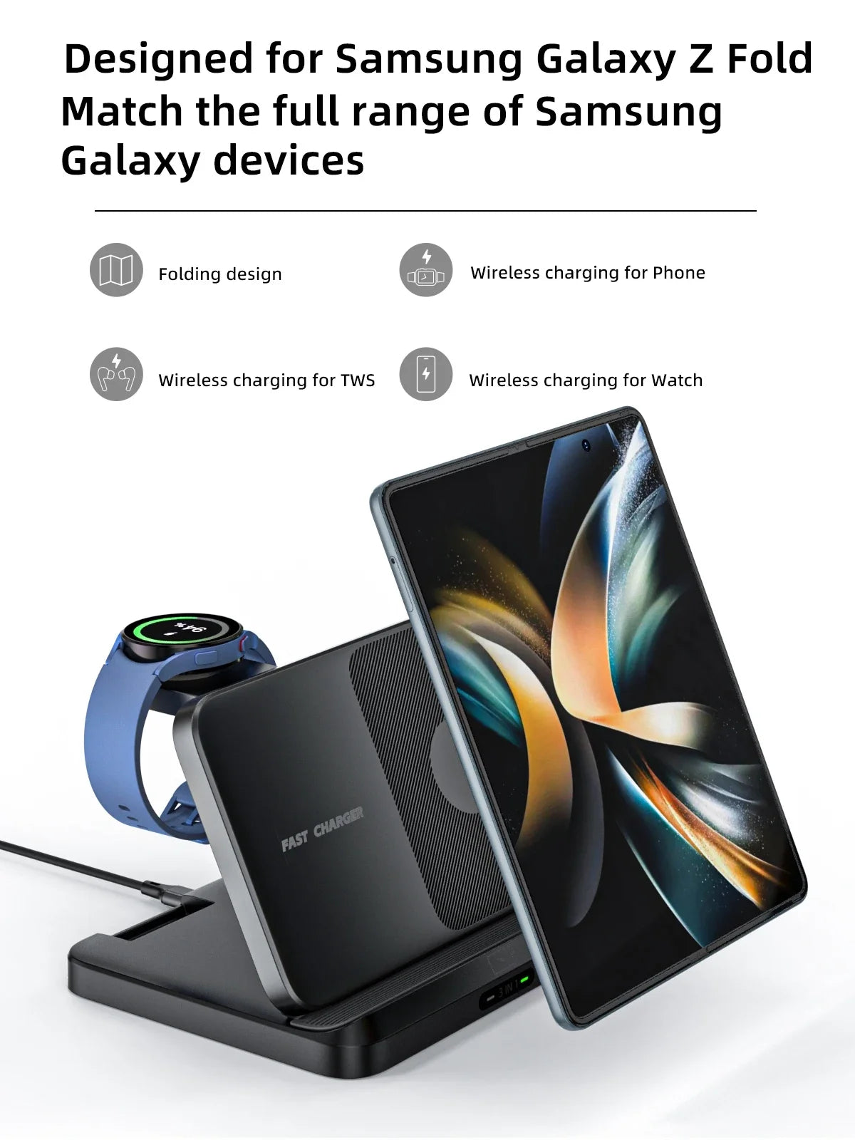 3 in 1 Wireless Charger Stand For Samsung Z Fold Zflip5 S24 S23 Ultra Galaxy Watch 6 5 Buds2 Foldable Fast Charging Dock Station
