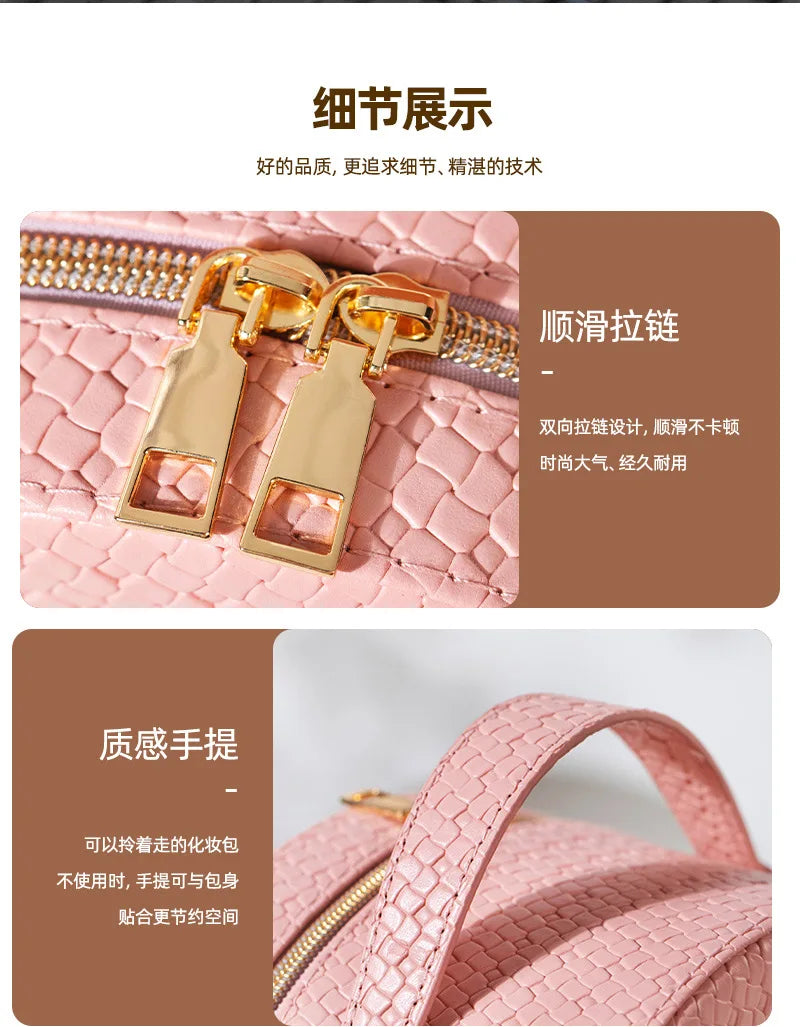 Waterproof Round Vanity Case with LED Light Mirror - Large Capacity, Portable Cosmetic Organizer Bag for Business Trips & Travel