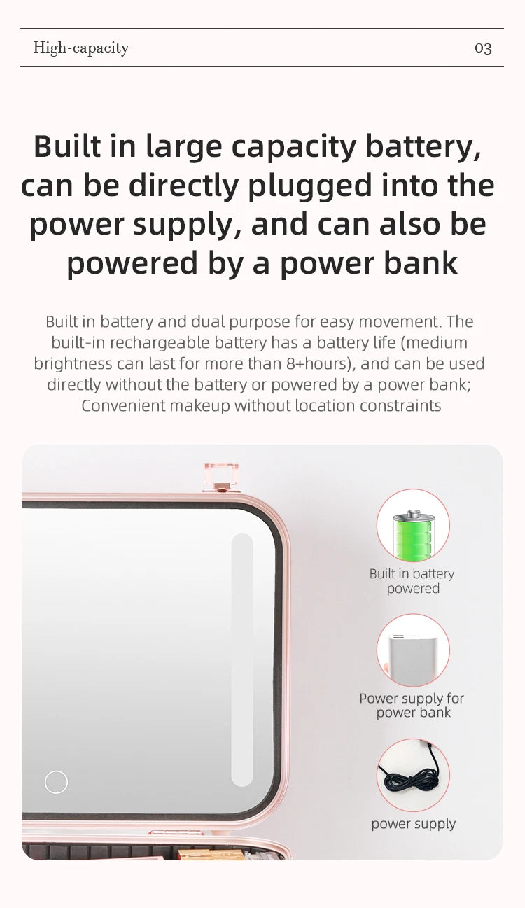 Lighted Makeup Case with Mirror - Portable Travel Makeup Organizer with LED Mirror, 3 Light Settings, Rechargeable Makeup Bag w