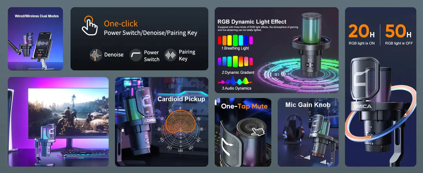 COMICA Uni Pro Wireless USB Gaming Microphone for PC Laptop Smartphone Noise Cancellation Condenser Mic with RGB Lights
