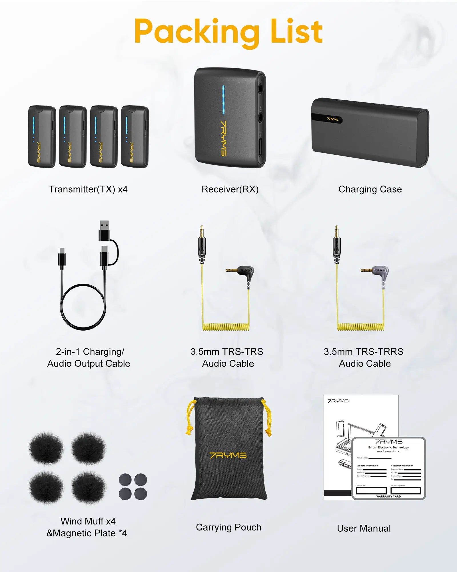 7Ryms iRay DW40 Wireless Lavalier Microphone with 4 Transmitters,48kHz/24bit Recording,AI Denoise for Camera,SmartPhone and PC