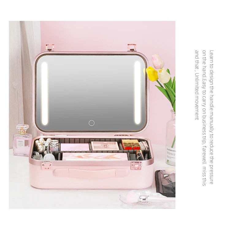 Lighted Makeup Case with Mirror - Portable Travel Makeup Organizer with LED Mirror, 3 Light Settings, Rechargeable Makeup Bag w
