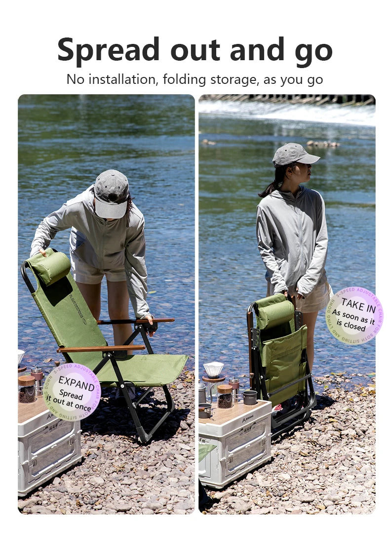 BSWOLF Camping Folding Chair Adjustable Armrest Portable Relaxing Chair With Detachable Pillow for Beach Travel Hiking