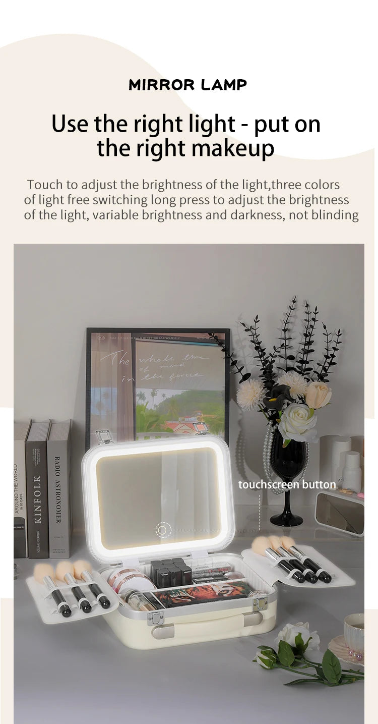 Portable Makeup Organizer Box with LED Light & Mirror – Travel-Friendly Cosmetic Train Case for Brushes box