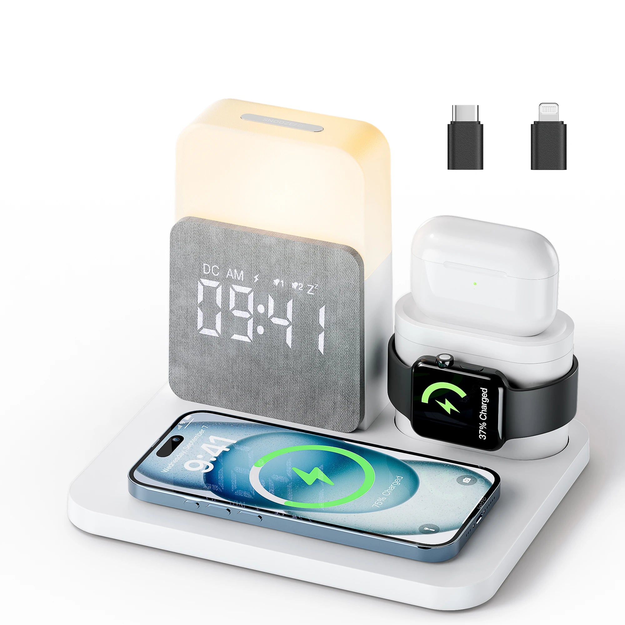 7-in-1 MagSafe Alarm Clock Charger-Wireless Station for iPhone 12-16/Samsung/Xiaomi/Huawei/Apple Watch/AirPods with Night Light