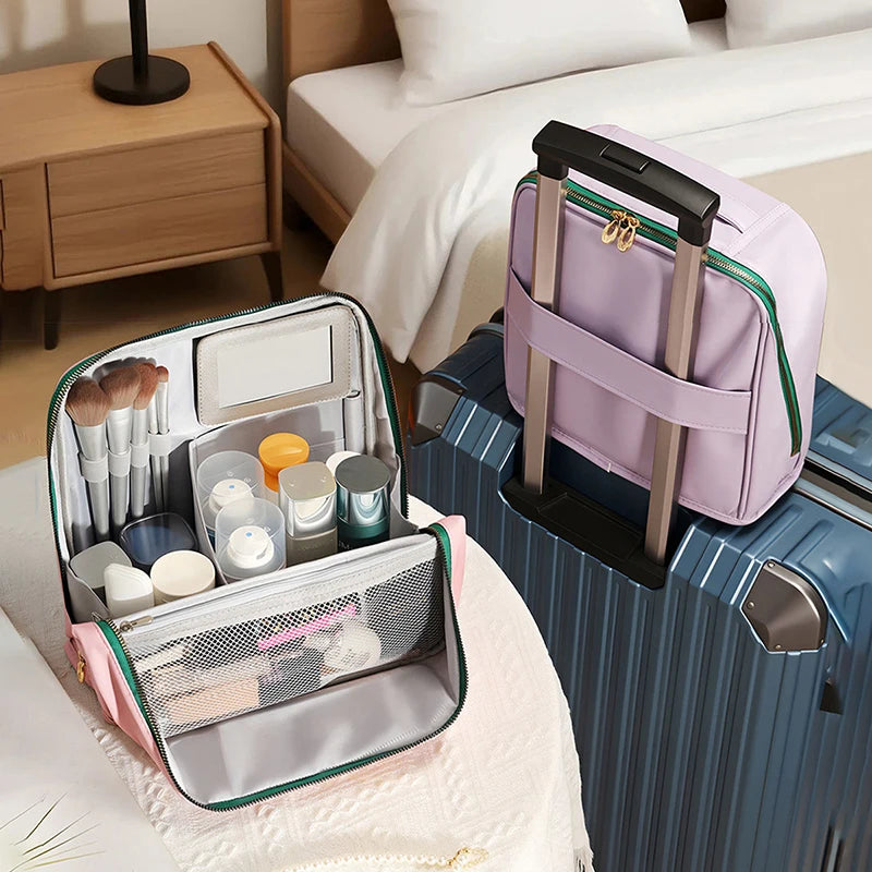 Large-capacity cosmetic bag, convenient and can be hung on a suitcase, travel makeup essential, vertical pencil case storage bag