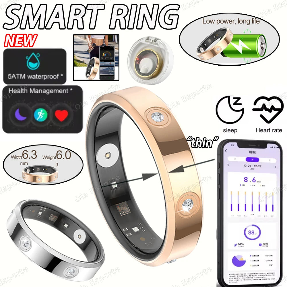 2025 Smart Ring Women Men Super narrow 6.3mm Heart Rate Health Stress measurement Monitor IP68 Waterproof Fashion Sports Rings