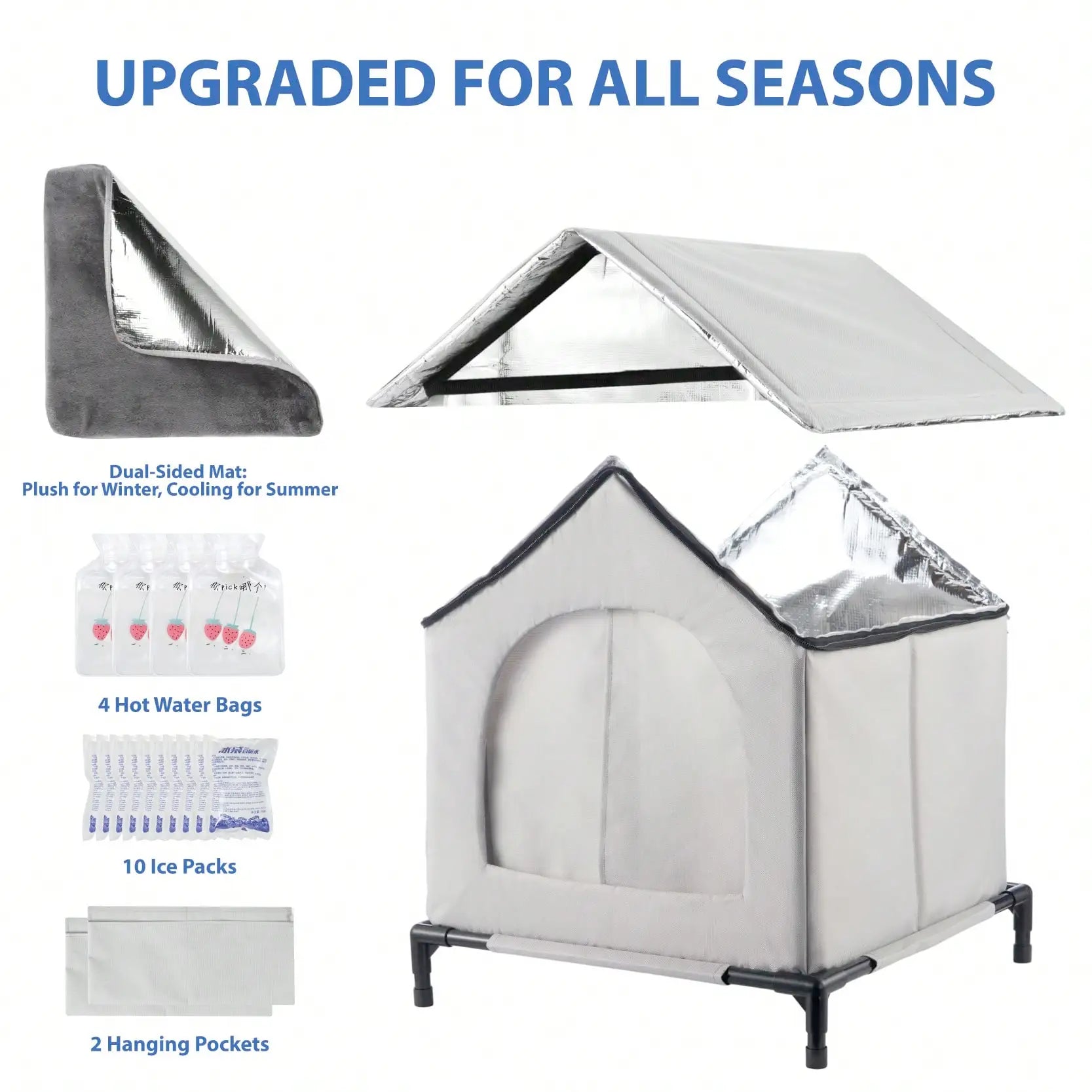 All-Season Waterproof Cat House with Ice Packs & Heating Bags, Foldable Shelter for Indoor & Outdoor Use, Available in 3 Sizes