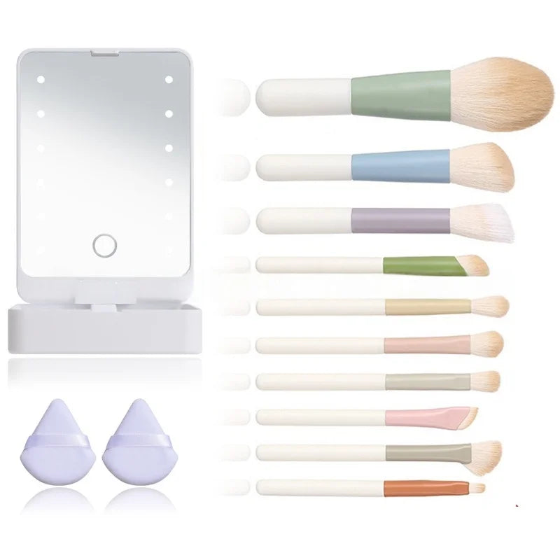 Travel Makeup Brush Set Small Portable With LED mirror and 14 pcs Makeup Brushes For Women Beauty Makeup Kit And Storage Box